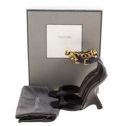 Pre Owned Tom Ford Black Leather Chain Embellished Ankle Strap Wedge Sandals Size 36