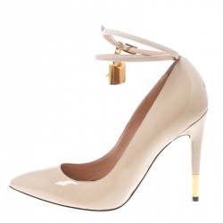 Tom Ford Beige Patent Leather Padlock Ankle Wrap Pointed Toe Pumps Size 38
