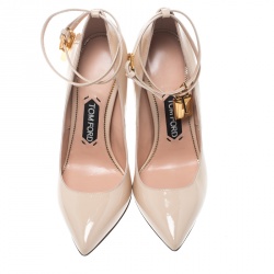 Tom Ford Beige Patent Leather Padlock Ankle Wrap Pointed Toe Pumps Size 38