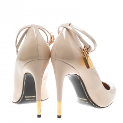 Tom Ford Beige Patent Leather Padlock Ankle Wrap Pointed Toe Pumps Size 38