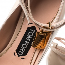 Tom Ford Beige Patent Leather Padlock Ankle Wrap Pointed Toe Pumps Size 38