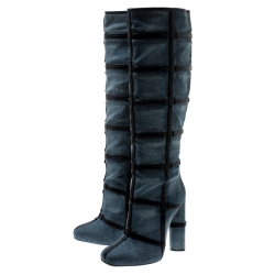 Tom Ford Denim And Leather Trim Patchwork Knee Length Boots Size 40.5