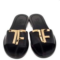 Pre Owned Tom Ford Black Leather TF Flat Slides Size 38