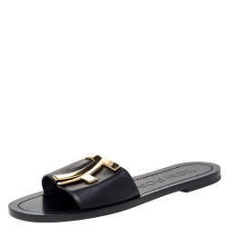 Pre Owned Tom Ford Black Leather TF Flat Slides Size 38