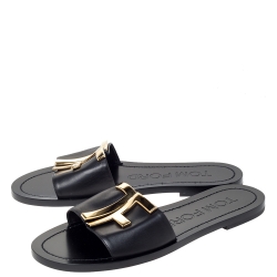 Pre Owned Tom Ford Black Leather TF Flat Slides Size 38