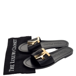 Pre Owned Tom Ford Black Leather TF Flat Slides Size 38