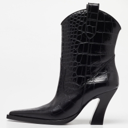 Black Croc Embossed Leather Western Ankle Boots