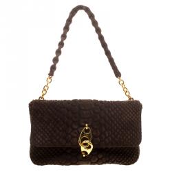 Tom Ford Brown Python Embossed Suede Carine Double Flap Shoulder Bag