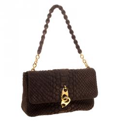 Tom Ford Brown Python Embossed Suede Carine Double Flap Shoulder Bag