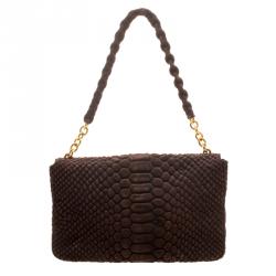 Tom Ford Brown Python Embossed Suede Carine Double Flap Shoulder Bag