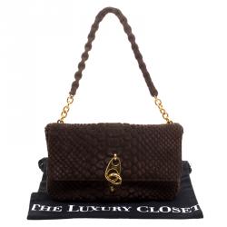 Tom Ford Brown Python Embossed Suede Carine Double Flap Shoulder Bag