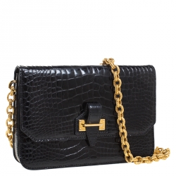 Pre Owned Tom Ford Black Crocodile Buckle Flap Chain Shoulder Bag