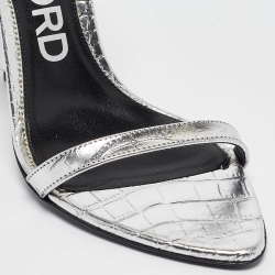 Tom Ford Silver Croc Embossed Patent Leather Padlock Ankle Strap Sandals Size 39