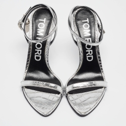 Tom Ford Silver Croc Embossed Patent Leather Padlock Ankle Strap Sandals Size 39