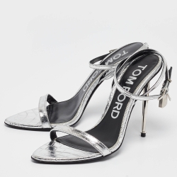Tom Ford Silver Croc Embossed Patent Leather Padlock Ankle Strap Sandals Size 39