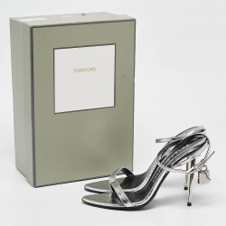 Tom Ford Silver Croc Embossed Patent Leather Padlock Ankle Strap Sandals Size 39