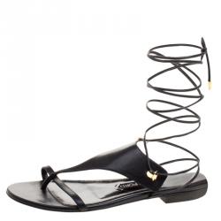 Tom Ford Black Leather Thong Tie Up Flats Size 38.5