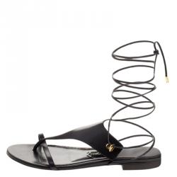 Tom Ford Black Leather Thong Tie Up Flats Size 38.5