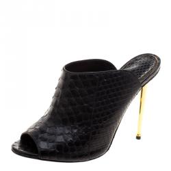 Tom Ford Black Python Leather Peep Toe Mules Size 39