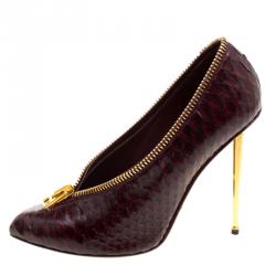 Pre Owned Tom Ford Burgundy Python Leather Zipper Detail Pumps Size 40.5