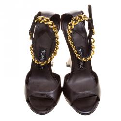 Tom Ford Choco Brown Leather Chain Embellished Ankle Strap Wedge Sandals Size 37