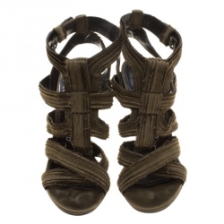 Pre Owned Tom Ford Olive Green Satin Raw Edge Finish Cross Strap Peep Toe Sandals Size 38