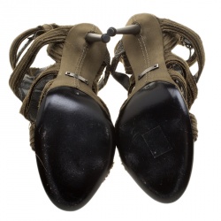 Pre Owned Tom Ford Olive Green Satin Raw Edge Finish Cross Strap Peep Toe Sandals Size 38