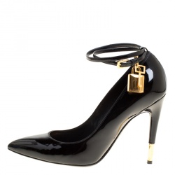 Tom Ford Black Patent Leather Ankle Lock Pointed Toe Pumps Size 37