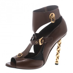 Tom Ford Brown Leather Chain Heel Cutout Peep Toe Booties Size 38