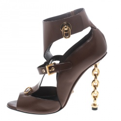Tom Ford Brown Leather Chain Heel Cutout Peep Toe Booties Size 38