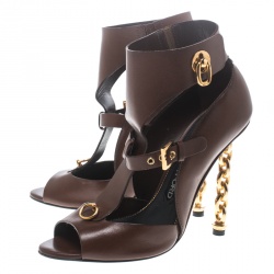 Tom Ford Brown Leather Chain Heel Cutout Peep Toe Booties Size 38