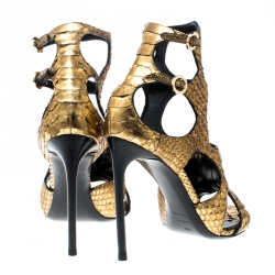 Tom Ford Metallic Gold Python Leather Peep Toe Cutout Sandals Size 36.5