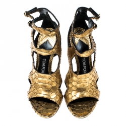 Tom Ford Metallic Gold Python Leather Peep Toe Cutout Sandals Size 36.5