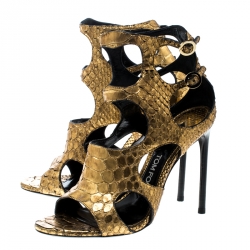 Tom Ford Metallic Gold Python Leather Peep Toe Cutout Sandals Size 36.5