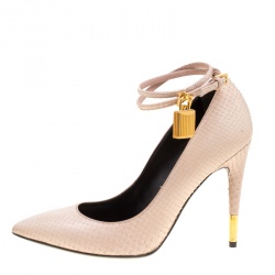 Tom Ford Beige Snakeskin Leather Ankle Lock Pointed Toe Pumps Size 38