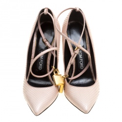 Tom Ford Beige Snakeskin Leather Ankle Lock Pointed Toe Pumps Size 38