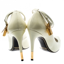 Pre Owned Tom Ford Cream Patent Leather Padlock Ankle Wrap Pointed Toe Pumps Size 38