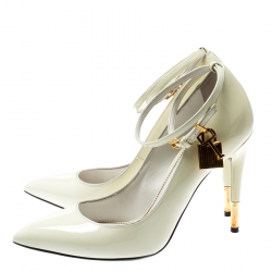 Pre Owned Tom Ford Cream Patent Leather Padlock Ankle Wrap Pointed Toe Pumps Size 38