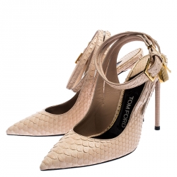 Tom Ford Beige Python Leather Ankle Lock Slingback Pointed Toe Sandals Size 36.5