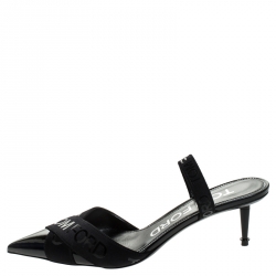 Pre Owned Tom Ford Black Patent Leather And Stretch Fabric Printed Logo Slingback Sandals Size 38.5