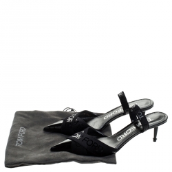 Pre Owned Tom Ford Black Patent Leather And Stretch Fabric Printed Logo Slingback Sandals Size 38.5