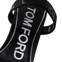 Pre Owned Tom Ford Black Patent Leather And Stretch Fabric Printed Logo Slingback Sandals Size 38.5
