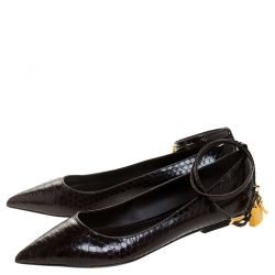 Tom Ford Brown Python Embossed Leather Padlock Ankle Wrap Pointed Toe Flats Size 37