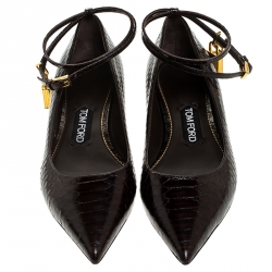 Tom Ford Brown Python Embossed Leather Padlock Ankle Wrap Pointed Toe Flats Size 37