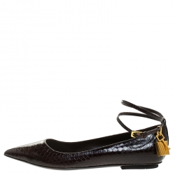 Tom Ford Brown Python Embossed Leather Padlock Ankle Wrap Pointed Toe Flats Size 37