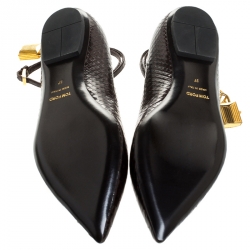 Tom Ford Brown Python Embossed Leather Padlock Ankle Wrap Pointed Toe Flats Size 37