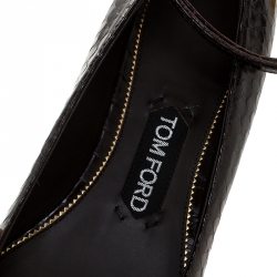 Tom Ford Brown Python Embossed Leather Padlock Ankle Wrap Pointed Toe Flats Size 37