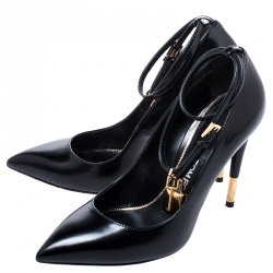 Tom Ford Black Patent Leather Padlock Ankle Wrap Pointed Toe Pumps Size 37.5