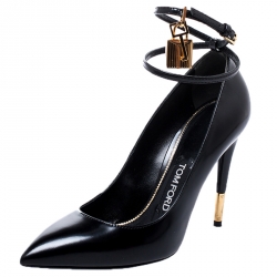Tom Ford Black Patent Leather Padlock Ankle Wrap Pointed Toe Pumps Size 37.5