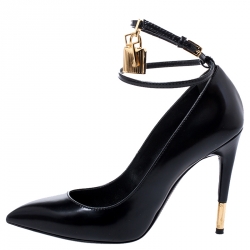Tom Ford Black Patent Leather Padlock Ankle Wrap Pointed Toe Pumps Size 37.5